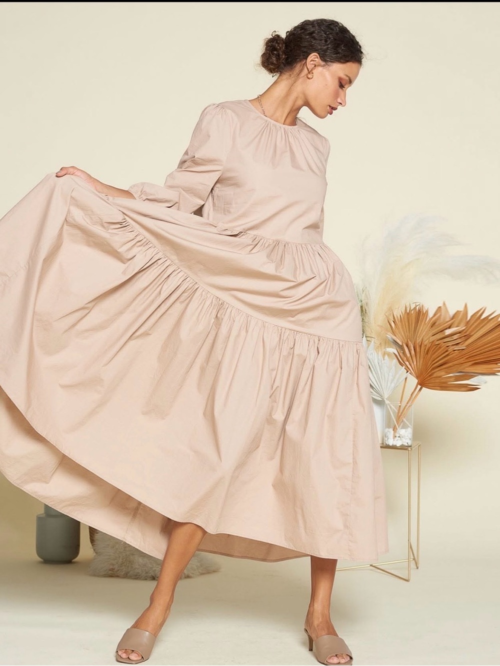 Midi Tiered Long-Sleeve Dress in Blush